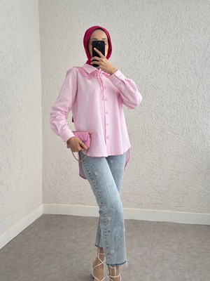 Moda Morfo Yakalık Detaylı Arkası Uzun Düğmeli Gömlek -Pembe