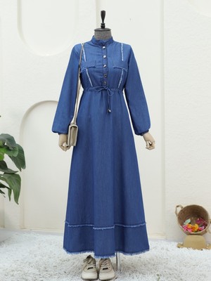 Modamorfo Yarım Düğmeli Püskül Detaylı Tünel Bağcıklı Kot Elbise -Indigo