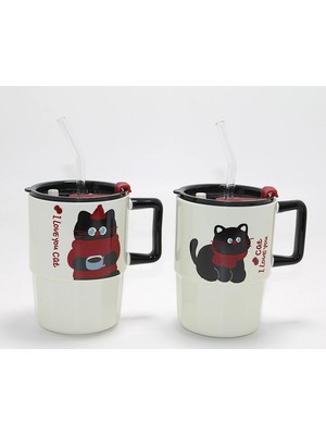 Marsilyan Sevimli Şaşkın Kedi Figürlü Pipetli Kapaklı Porselen Kupa Bardak