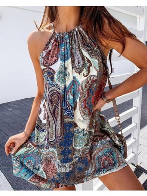 Gökyüzü Moda Kadın Şal Desenli Elbise