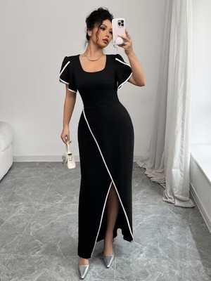 Gökyüzü Moda Kadın Kısa Kollu Kare Yakalı Önden Çapraz Kesim Detaylı Krep Elbise