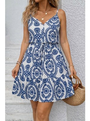 Ezel Glory Kadın Ip Askılı V Yakalı Düğmeli Desenli Kısa Süprem Elbise