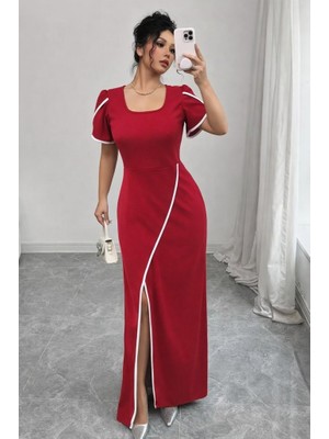 Arben Boutique Kadın Kısa Kollu Kare Yakalı Önden Çapraz Kesim Detaylı Krep Elbise