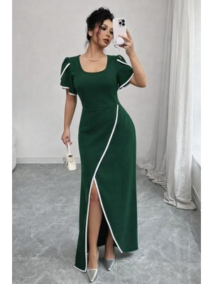 Deridün Yıldız Shoes Kadın Kısa Kollu Kare Yakalı Önden Çapraz Kesim Detaylı Krep Elbise