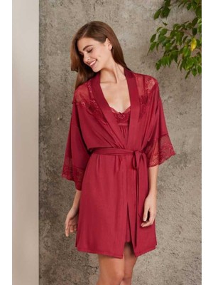 Pierre Cardin Penye Dantelli Gecelik Sabahlık Takım 4010 Bordo