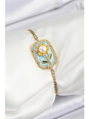 Ietaks™ 316L Çelik Zincir Turkuaz Mineli Sanatsal Portre Inci Detaylı Papatya Model Gold Renk