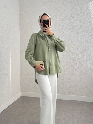 Moda Morfo Yakalık Detaylı Arkası Uzun Düğmeli Gömlek -Çağla Y.