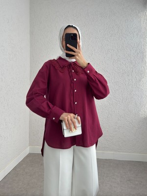 Modamorfo Yakalık Detaylı Arkası Uzun Düğmeli Gömlek -Bordo