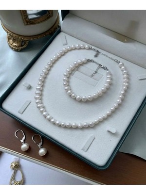 Taşmir 50 cm - Sertifikalı 925 Ayar Gümüş Doğal 8mm Inci Kolye Bileklik ve Küpe Seti