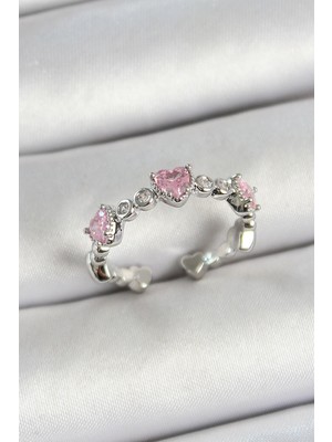 Ietaks™ Pirinç Sıralı Kalp Figürlü Zirkon Taşlı Gümüş Renk Ayarlanabilir Kadın Yüzük