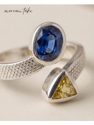 Mervan Takı El Yapımı 925 Ayar Gümüş Mavi & Sarı Safir Taşlı Ayarlanabilir Tasarım Yüzük