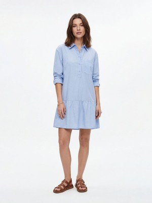 LTB Volanlı Gömlek Yaka Düğmeli Açık Mavi Elbise