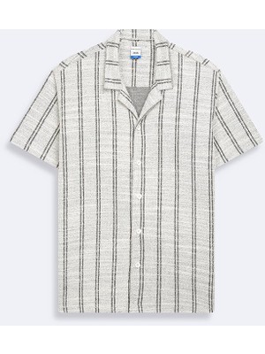 LTB Küba Yaka Çizgili Jakarlı Beyaz Gömlek