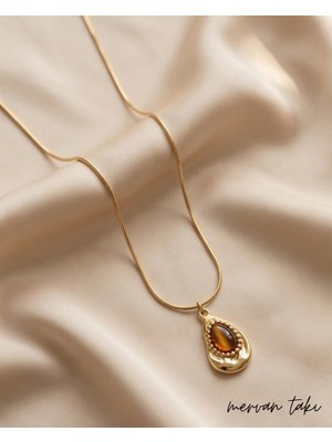 Mervan Takı Kedi Gözü Damla Model Çelik Kolye Gold Renk