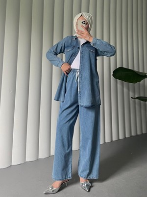 Modamorfo Düğmeli Cep Detaylı Bol Paça Pantolonlu Kot Takım -Mavi