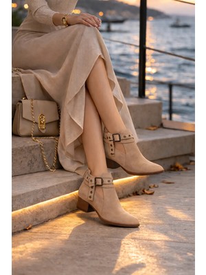 Defne Shoes Vera Kadın Süet Ayakkabı Tokalı Bilekten Bantlı Arkadan Fermuarlı Günlük Rahat Kısa Topuklu Bot