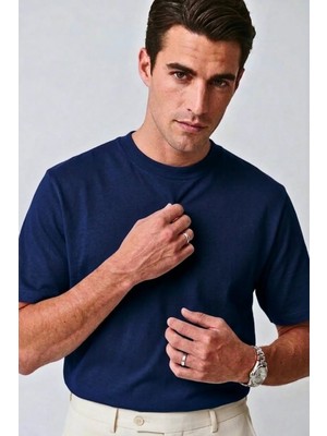 Guaraz Old Money Lacivert Erkek %100 Pamuklu Yumuşak Kumaşlı Yuvarlak Yakalı Oversize Basıc T-Shirt