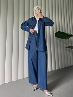 Modamorfo Düğmeli Cep Detaylı Bol Paça Pantolonlu Kot Takım -Indigo