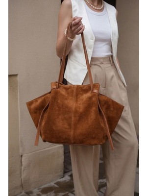 Marjin Kadın Hakiki Deri Shopper El ve Omuz Çantası Yorita Taba Süet