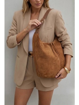 Marjin Kadın Hakiki Deri Shopper Fermuarlı Omuz Çantası Avelin Taba Süet