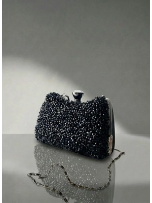 Kristal Taşlı Mini Boy Kadın El. Omuz, Clutch Abiye Çanta Siyah