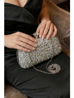 Kristal Taşlı Mini Boy Kadın El. Omuz, Clutch Abiye Çanta Gümüş