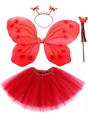 Çerçici Kırmızı Kelebek Kostümü - Kırmızı Kelebek Kostüm Aksesuar Seti 4 Parça