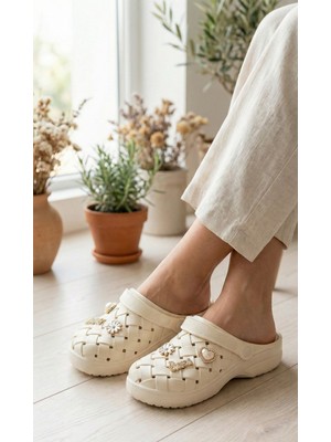 Calx Kadın Bahçe Plaj Hemşire Terliği - Hasır Görünümlü, Aksesuarlı, Hafif ve Kaymaz Yazlık Model