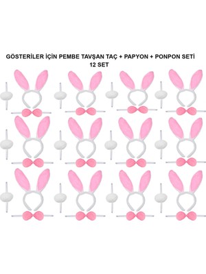Çerçici Pembe Tavşan Kostüm Seti – Taç, Papyon, Ponpon (12’li Paket)