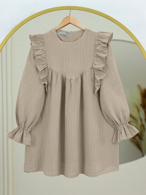 Modamorfo Önü Fırfır Detaylı Kolu Lastikli Tunik -Toprak