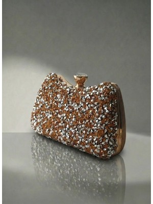 Kristal Taşlı Mini Boy Kadın El. Omuz, Clutch Abiye Çanta Bronz