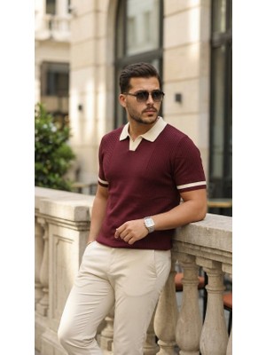 MiraLive Erkek Renkli Yakalı File Desenli Kısa Kollu Tişört