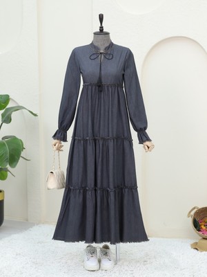 Modamorfo Kolları Lastikli Parçalı Kot Elbise   -Siyah