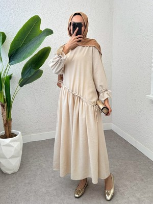 Modamorfo Çapraz Tünel Bağcıklı Uzun Keten Elbise -Taş