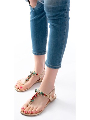 Uslucan Alışveriş 152-1110 Gold Multi Cam Kırığı Taşlı Parmak Arası Kadın Sandalet