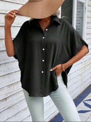 Kadın Aerobin Kumaş Oversize Kısa Kollu Gömlek