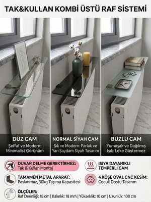 Feyza Design Petek Üstü Tak Kullan Dresuar Raf - Gri, Cam, 100 cm Genişlik