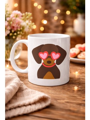 Uravas Store Sevimli Dachshund (Sosis Köpek) Desenli Porselen Kupa Model 47 – Kalpli Gözlüklü Köpek Figürlü, Hed