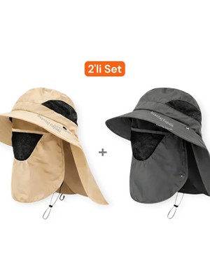 Mustran 2'li Set Uv Korumalı Sök Tak Maskeli Unisex Enseli Güneş Şapkası Outdoor Balıkçı Tarla