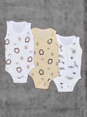 Vieso 3'lü %100 Organik Pamuk Penguen Desenli Kolsuz Çıtçıtlı Bebek Body Atlet