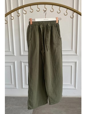 Beli Lastikli Bol Paça Müslin Pantolon