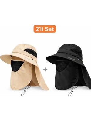 Mustran 2'li Set Uv Korumalı Sök Tak Maskeli Unisex Enseli Güneş Şapkası Outdoor Balıkçı Tarla