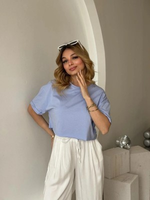 Fehu Bloom Bisiklet Yaka Kısa Kol Crop Mavi