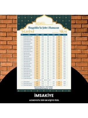 Uravas Store Ramazan Imsakiyesi - 300 gr - A3 Boyut Kişiye Özel Isimli & Logolu 1 Adet Sarı