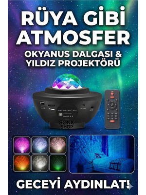 Uravas Store Galaksi Yıldız Projektörü ve Bluetooth Hoparlör 10 Renk Modlu Okyanus Dalgalı Gece & Disko Lambası