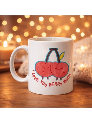 Uravas Store I Love You Berry Much Tasarımlı Kupa Model 12 Sevimli Kiraz Desenli Porselen Kahve Kupası - Hediye