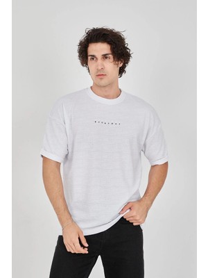 Velmora Fashion Jakar Kumaş Rahat Kol T-Shirt - Beyaz -