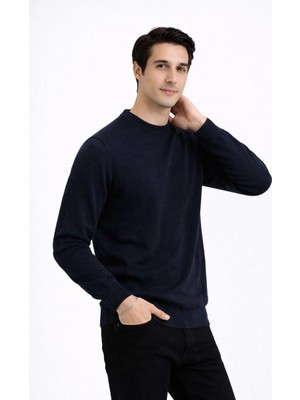 Velmora Fashion Bisiklet Yaka Triko Kazak Yumuşak Dokulu Pamuklu Ince Dokuma, Uzun Kollu Rahat Regular Kalıp - Lacivert