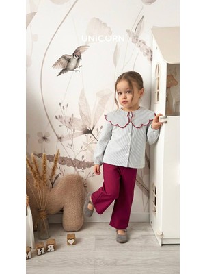 Butik Bebe Yaka Çizgili Gömlek ve Bordo Kanvas Pantolon Takımı