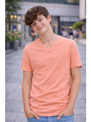 Velmora Fashion Genç Erkek Çocuk V Yaka Tişört Model - Toz Pembe